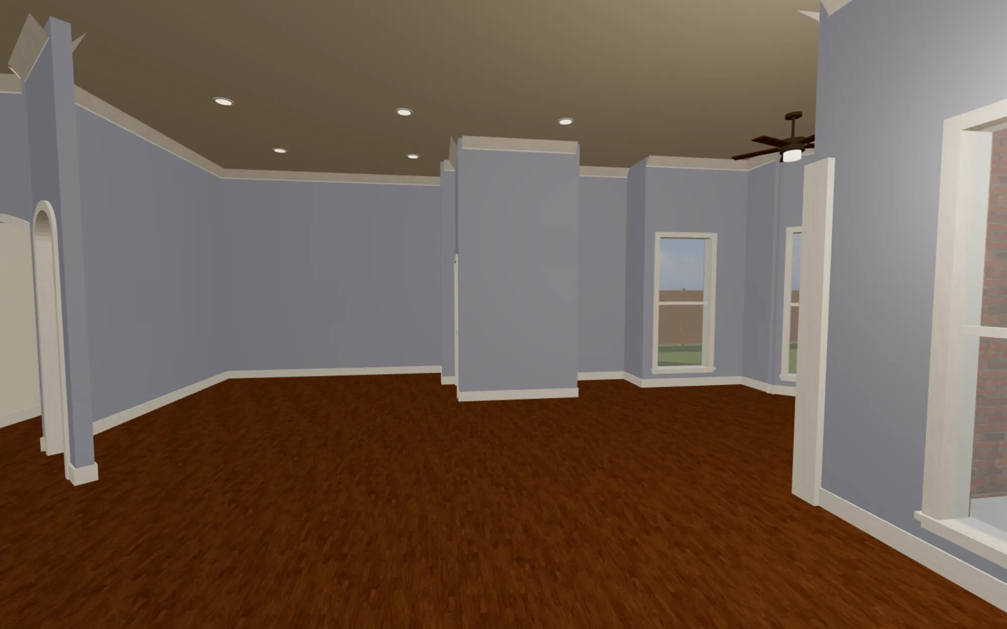 The family room of Brick Ranch 002 at eye height: blue-gray walls, an arched opening and windows to the yard.