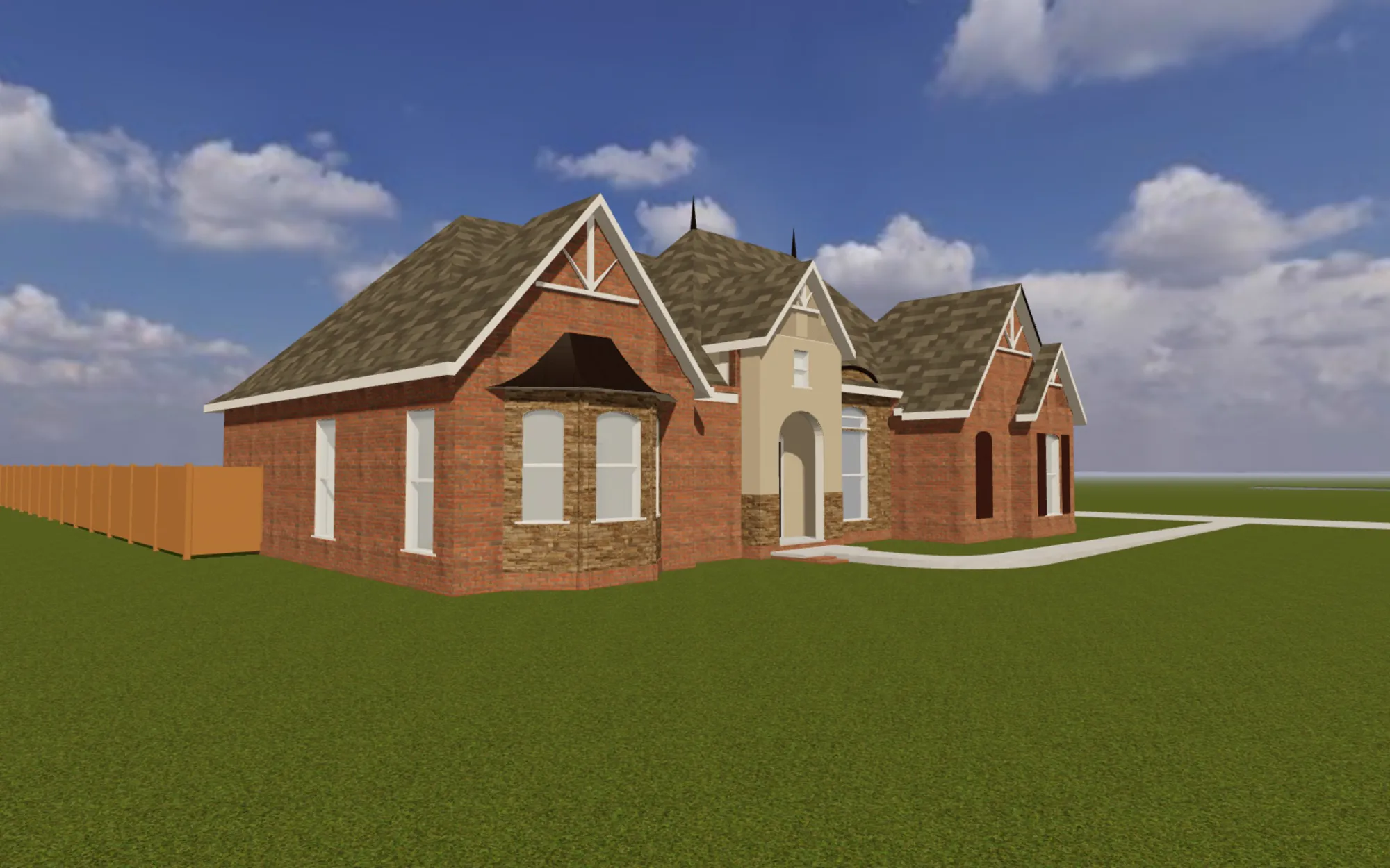 Brick Ranch 002 from the front corner: brick, cut stone and the stucco porch tower under an architectural shingle roof.