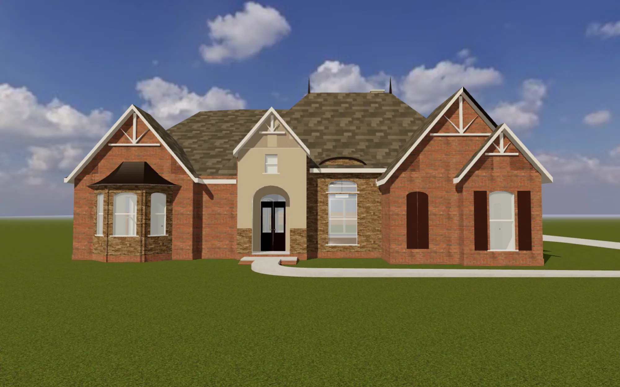 Brick Ranch 002 from the street: brick gables, the stucco porch tower over an arched front door, cut stone and a bronze hood over the bay window.