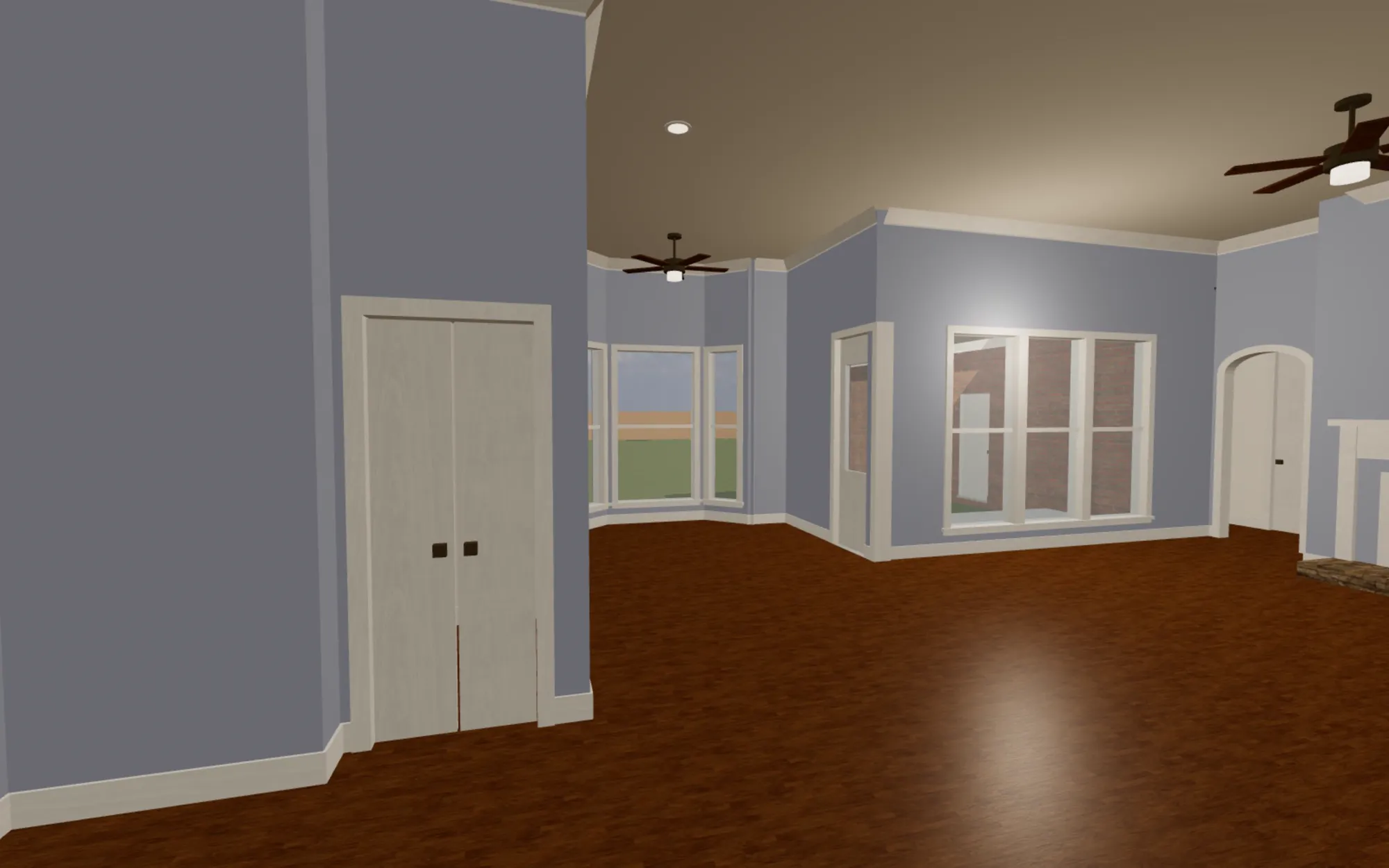 Inside Brick Ranch 002 at eye height: a pair of doors, an arched doorway and the family room beyond.