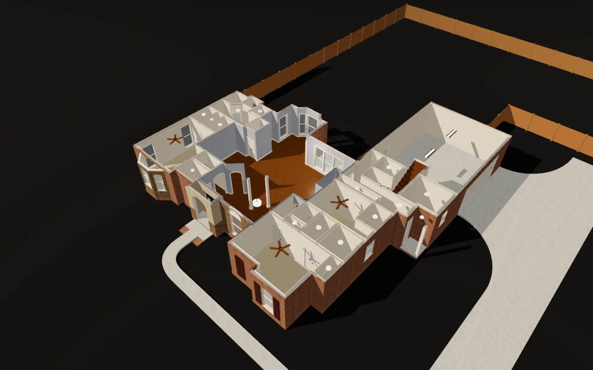Brick Ranch 002 from above with the roof cut away: the bedrooms, the family room, kitchen and the three-car garage, as drawn.