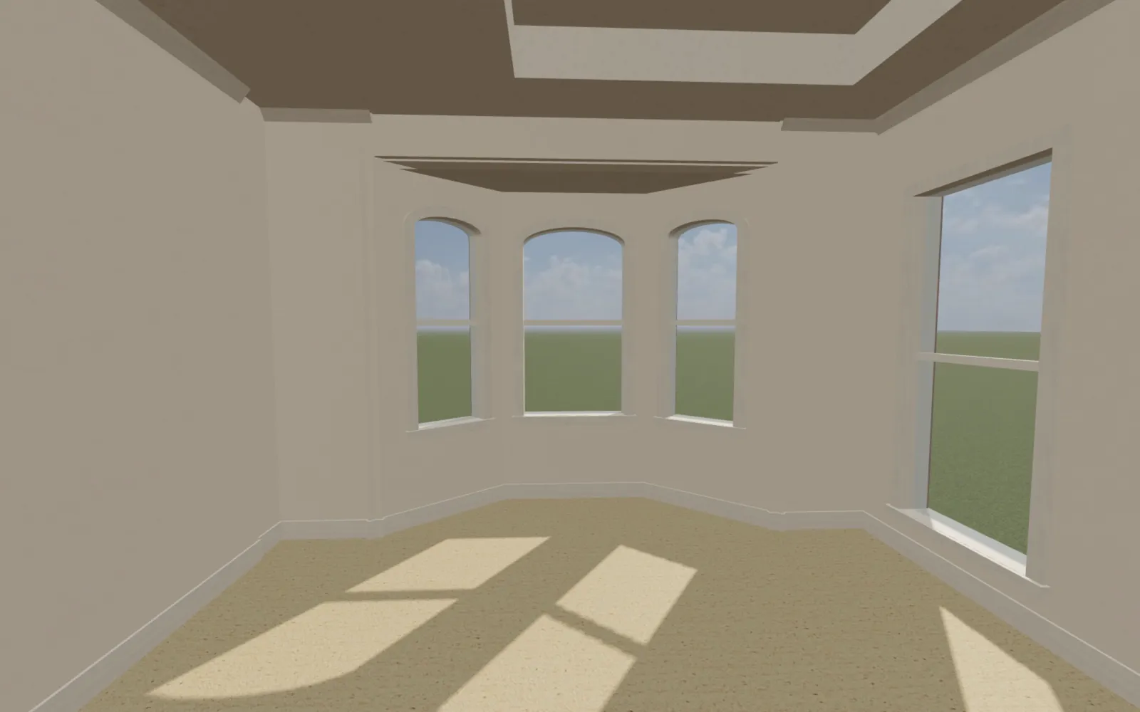 The main bedroom with its tray ceiling and a bay of three arched windows.
