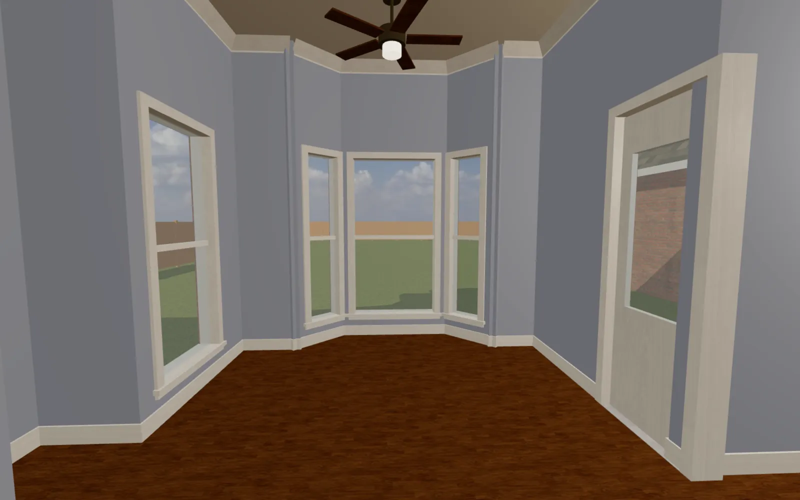 The breakfast room's bay of three windows looking out to the back yard.