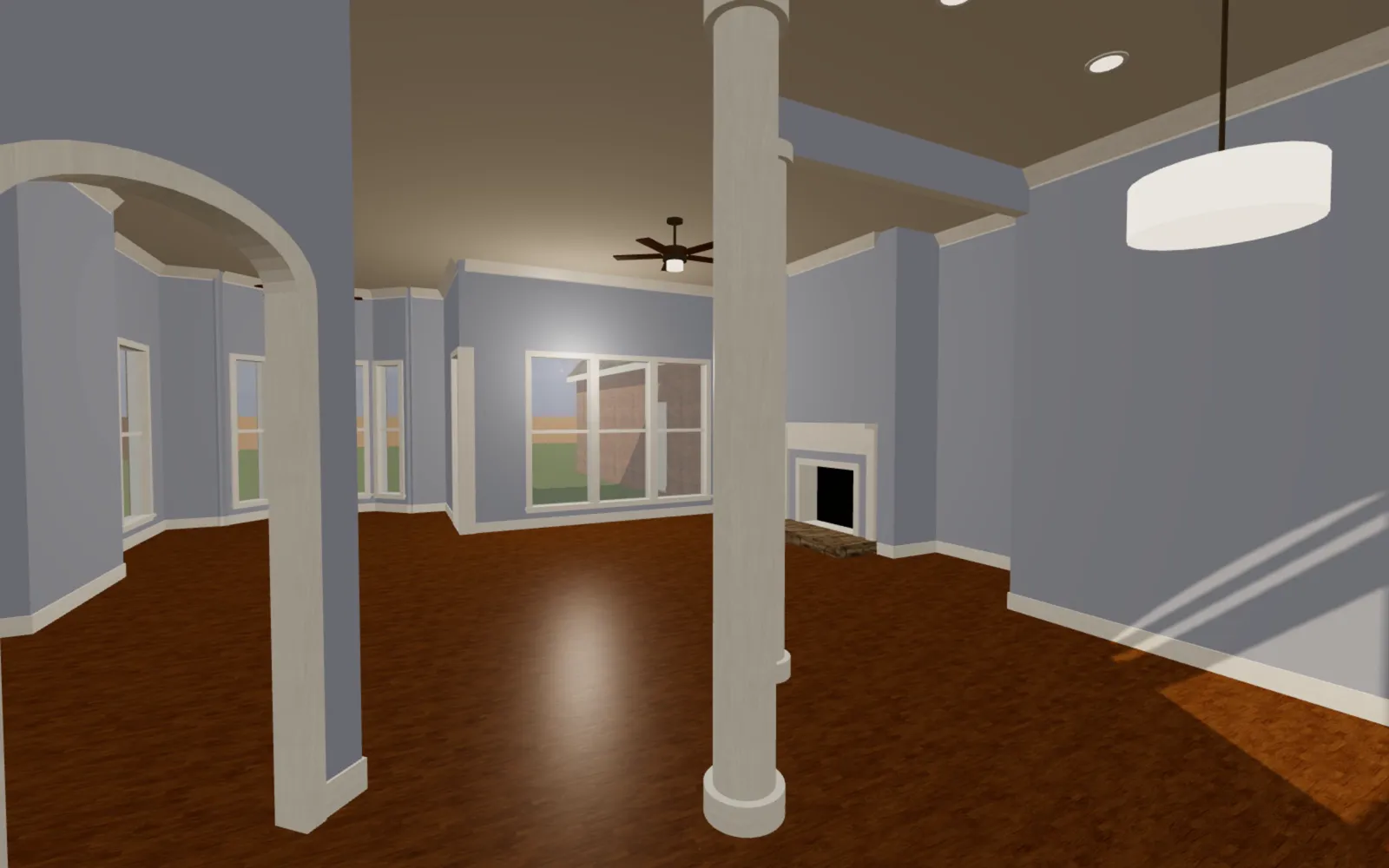 From the entry of Brick Ranch 002, past an arch and a column into the family room and its fireplace.