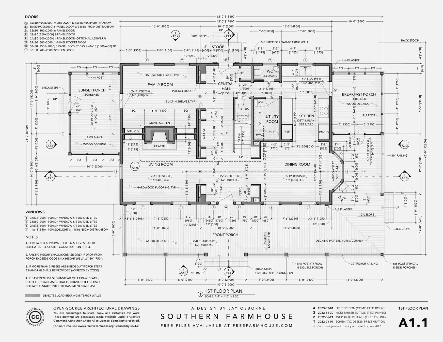 Sheet A1.1, the first floor plan of the Southern Farmhouse drawing set: rooms, dimensions, door and window schedules, and notes.